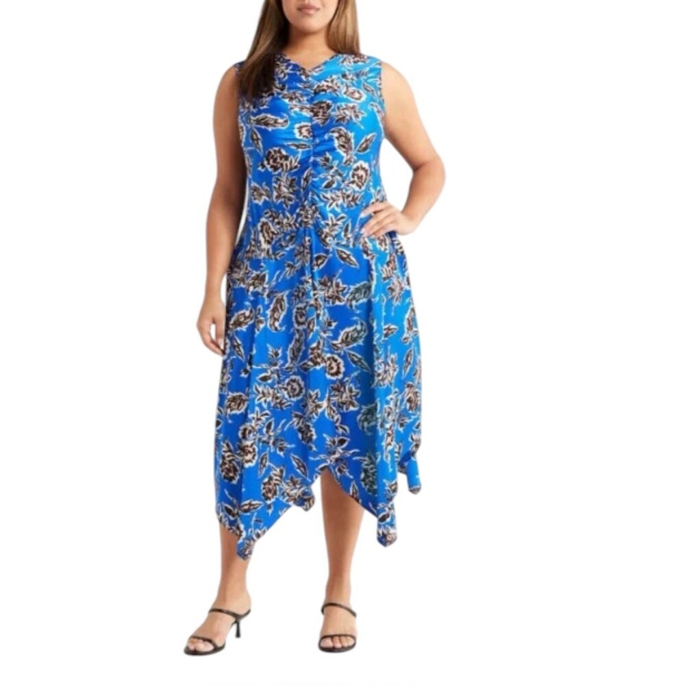 Melloday Blue Floral Print Handkerchief Hem Dress NWT